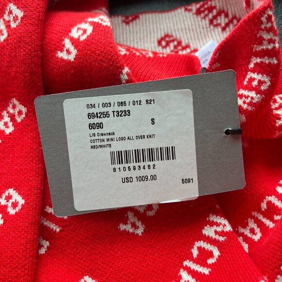 NWT Balenciaga Long Sleeve Knit Top Crewneck Mini Logo Allover Red Wool Blend - Picture 3 of 9